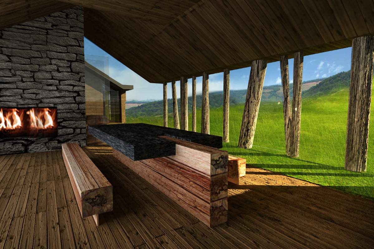 Zadaszony taras przy domu jednorodzinnym z dachem wspartym na słupach.