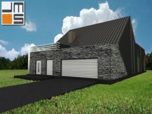 Kamienna elewacja domu, duża brama garażowa na elewacji