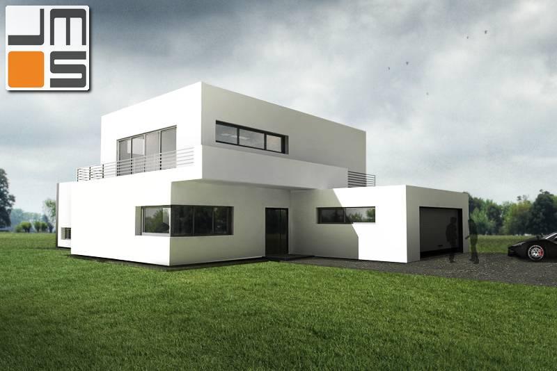 Prosty dom z garażem i tarasem, elewacja z oknem narożnym