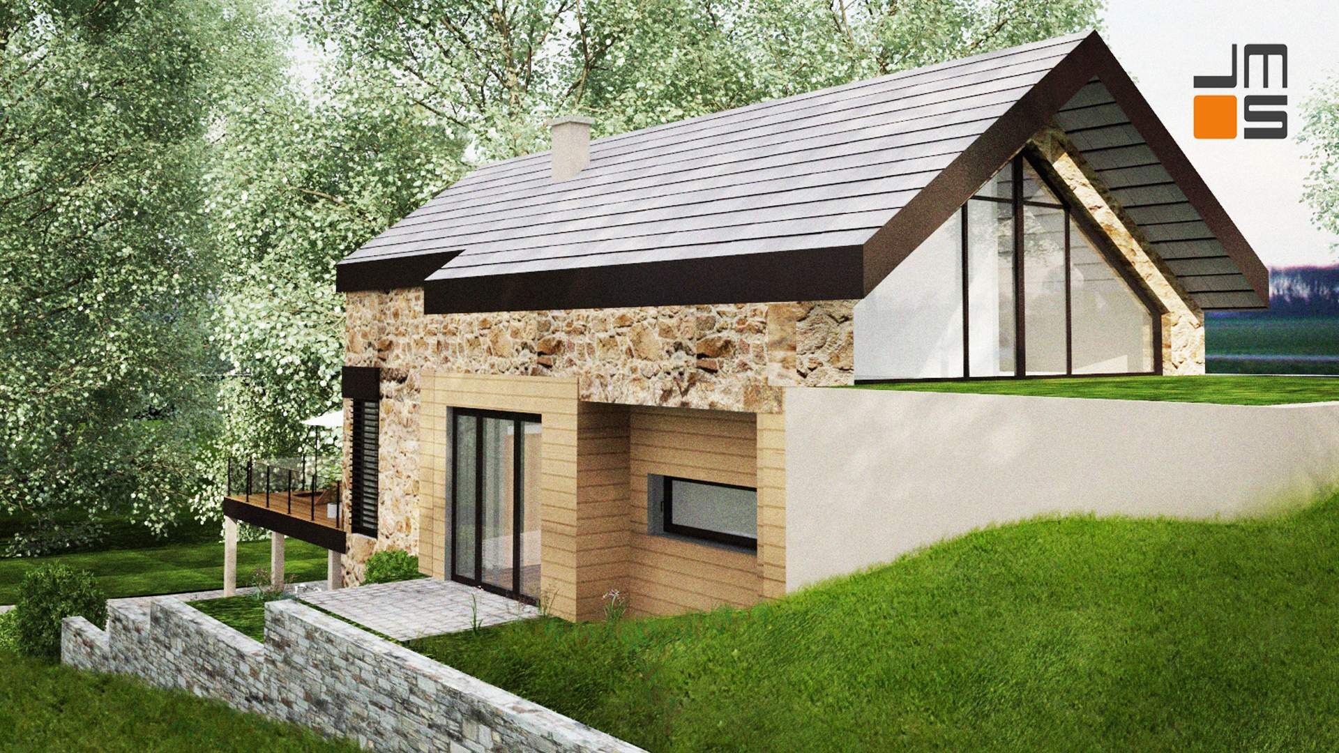 Nowoczesny dom w górach z elewacją z kamienia