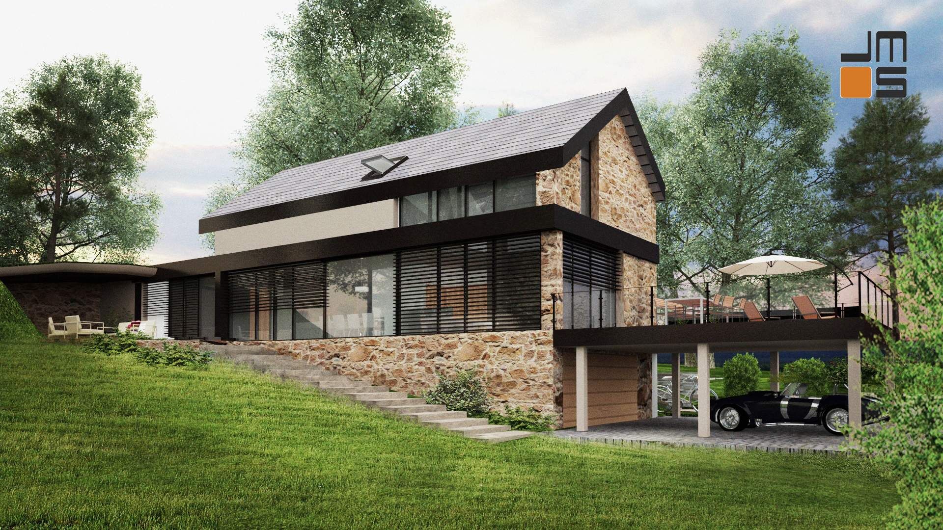 Nowoczesny dom z dużymi przeszkleniami i żaluzjami zewnętrznymi