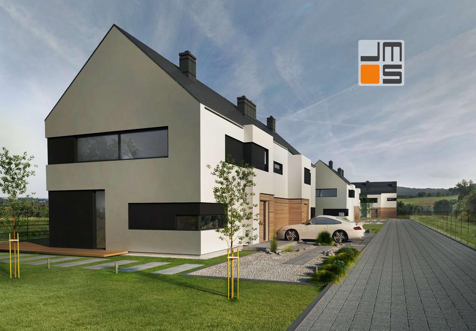 Kraków Nowoczesny dom bliźniak z biało-szara elewacja