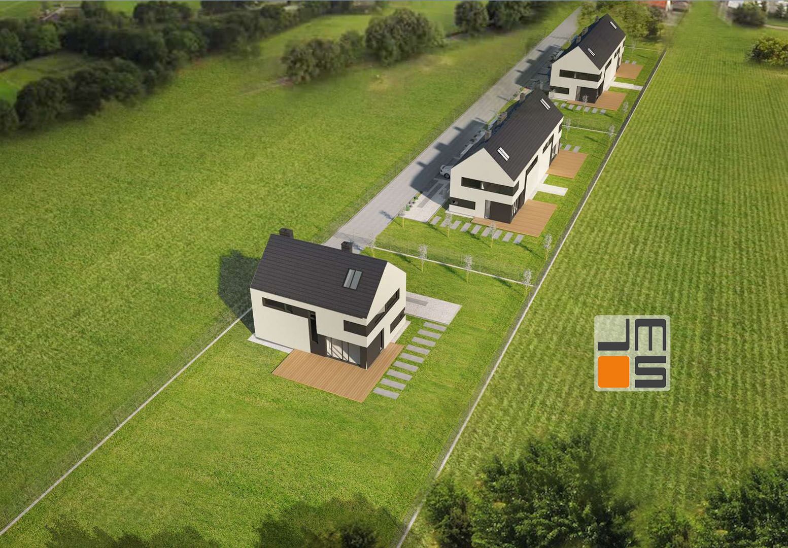 Bliźniacza zabudowa z szarym dachem dwuspadowym