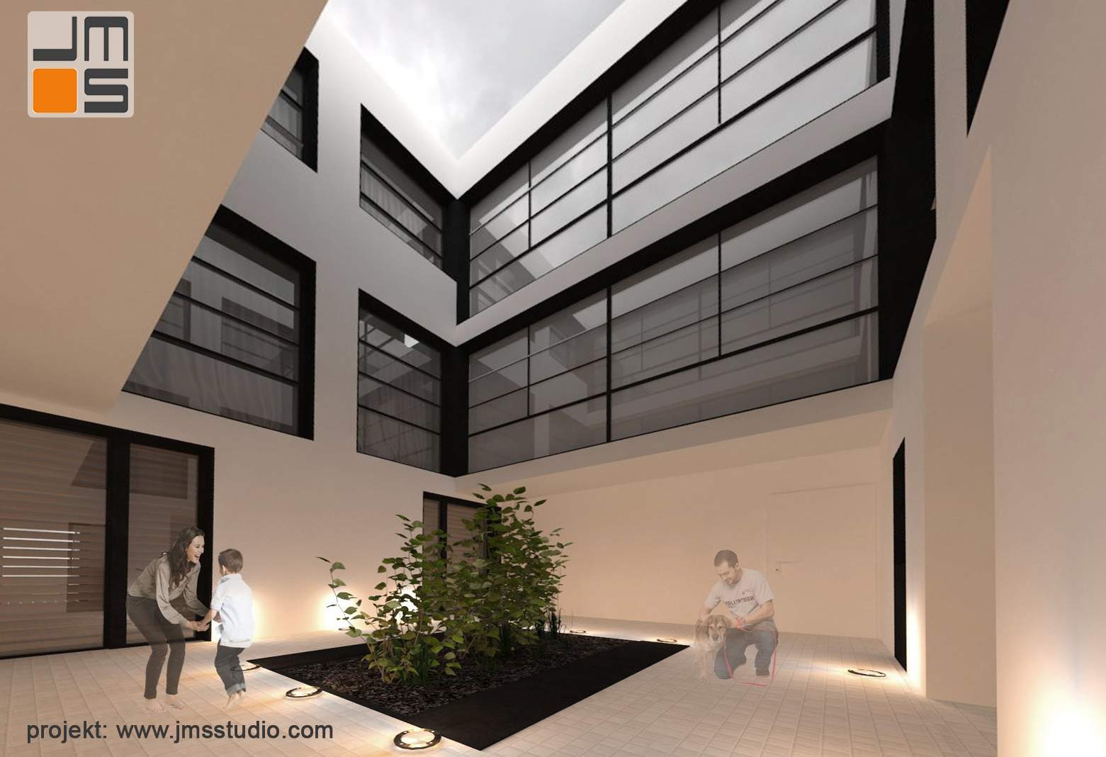 W atrium budynku jednorodzinnego wprowadzono zieleń i stolarkę w kolorze antracytowym