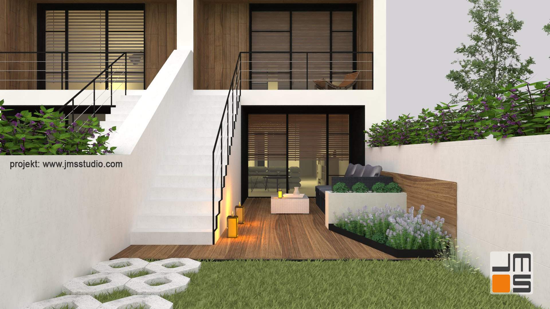 Projekt tarasu przy domu jednorodzinnym w zabudowie szeregowej z drewnem tarasowym i elementami z betonu architektonicznego