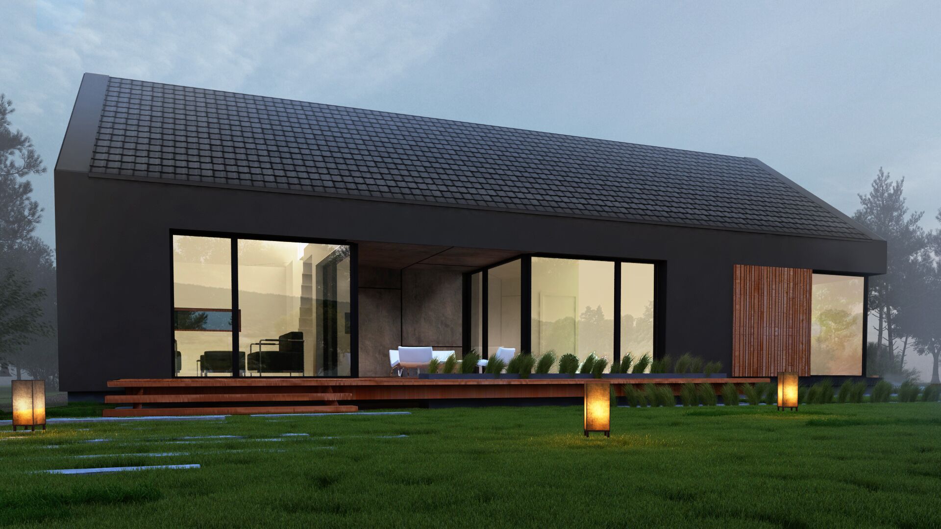 Duże przeszklenia wykonane na elewacji za pomocą stolarki aluminiowej otwieraja wnętrze nowoczesnego domu stodoła na ogród i górskie widoki.