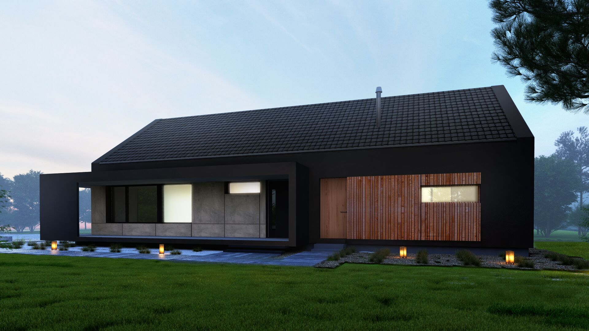 Dekoracyjna rama betonowa w kolorze antracytowym jest elementem dekoracyjnym elewacji oraz funkcjonalnym działajac jako zadaszenie