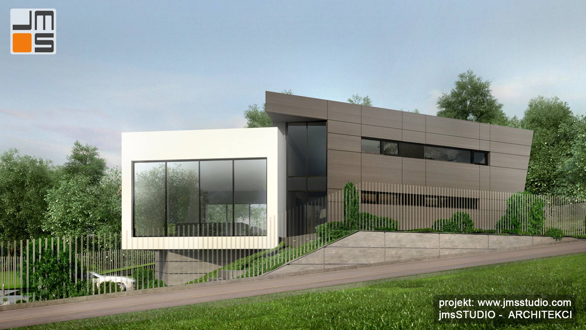 zabawa bryłami w nowoczesnym projekcie designerskiego budynku w szaro białej kolorystycze z płackim dachem Kraków