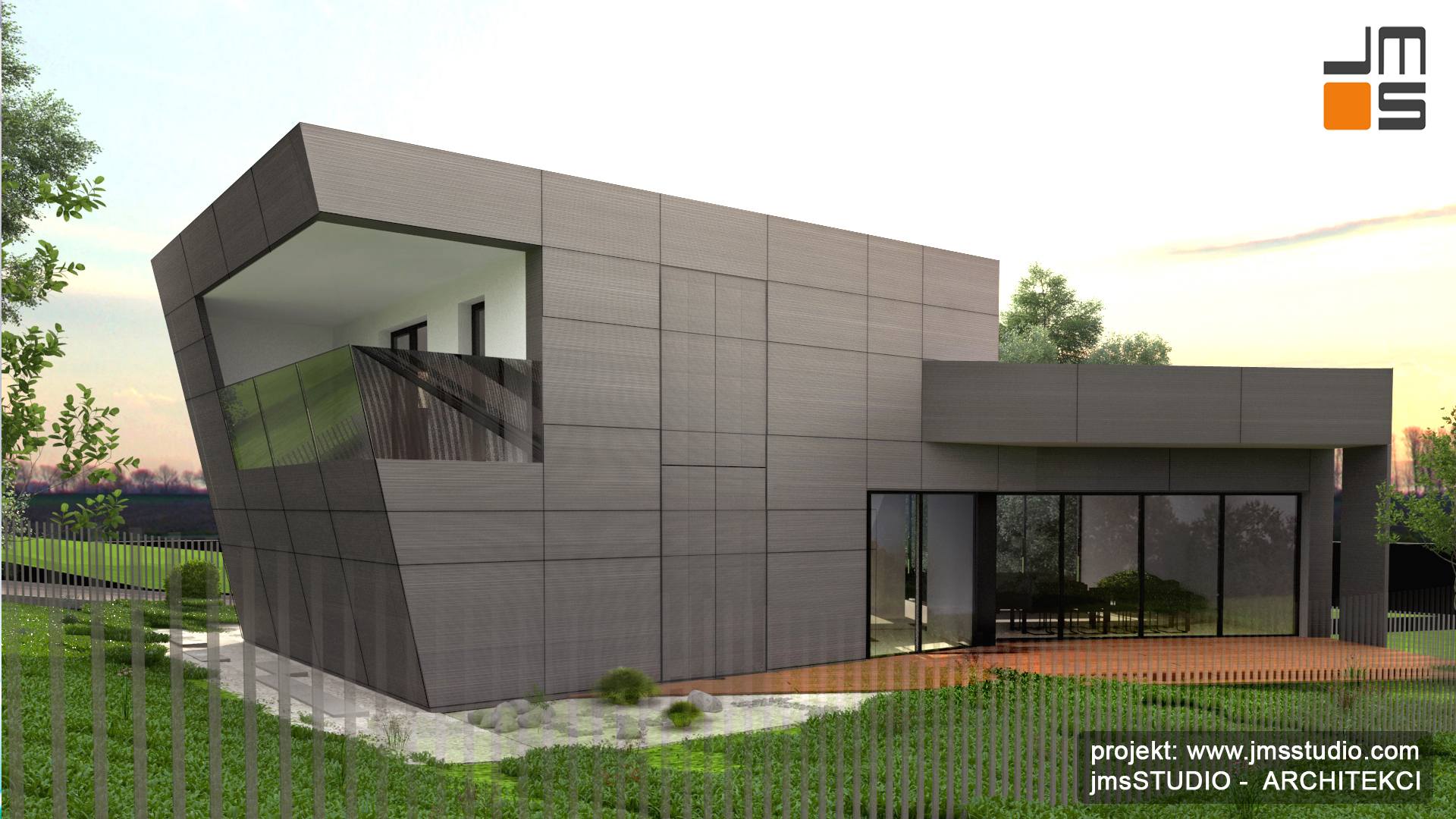 ciekawy pomysł na duże okiennnice i balkon ze szklaną balustradą
