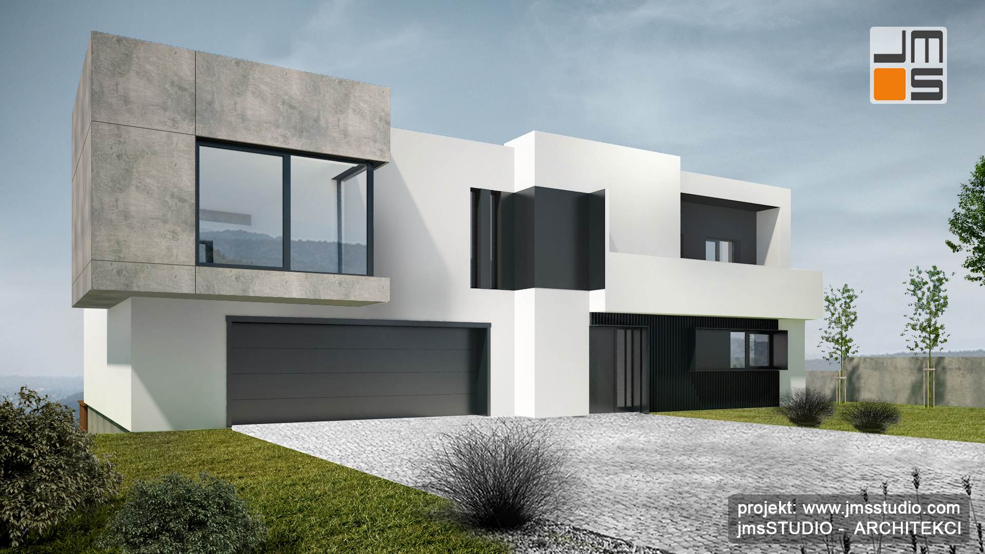 nowoczesna elewacja z betonu architektonicznego w projekcie domu z płaskim dachem pod Krakowem