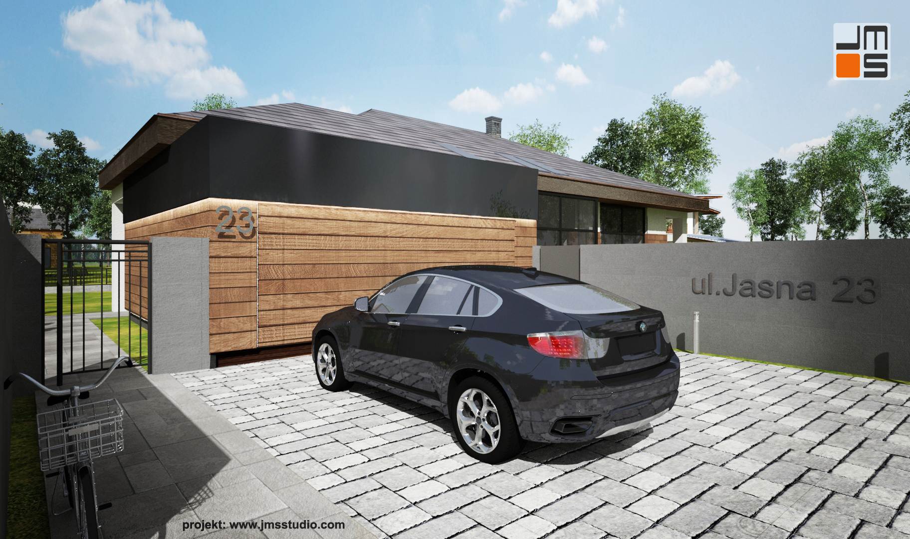 W projekcie willi zastosowano rozwiązanie polegające na wydzieleniu strefy podjazdu od strefy ogrodowej za pomocą ogrodzenia z betonu architektonicznego