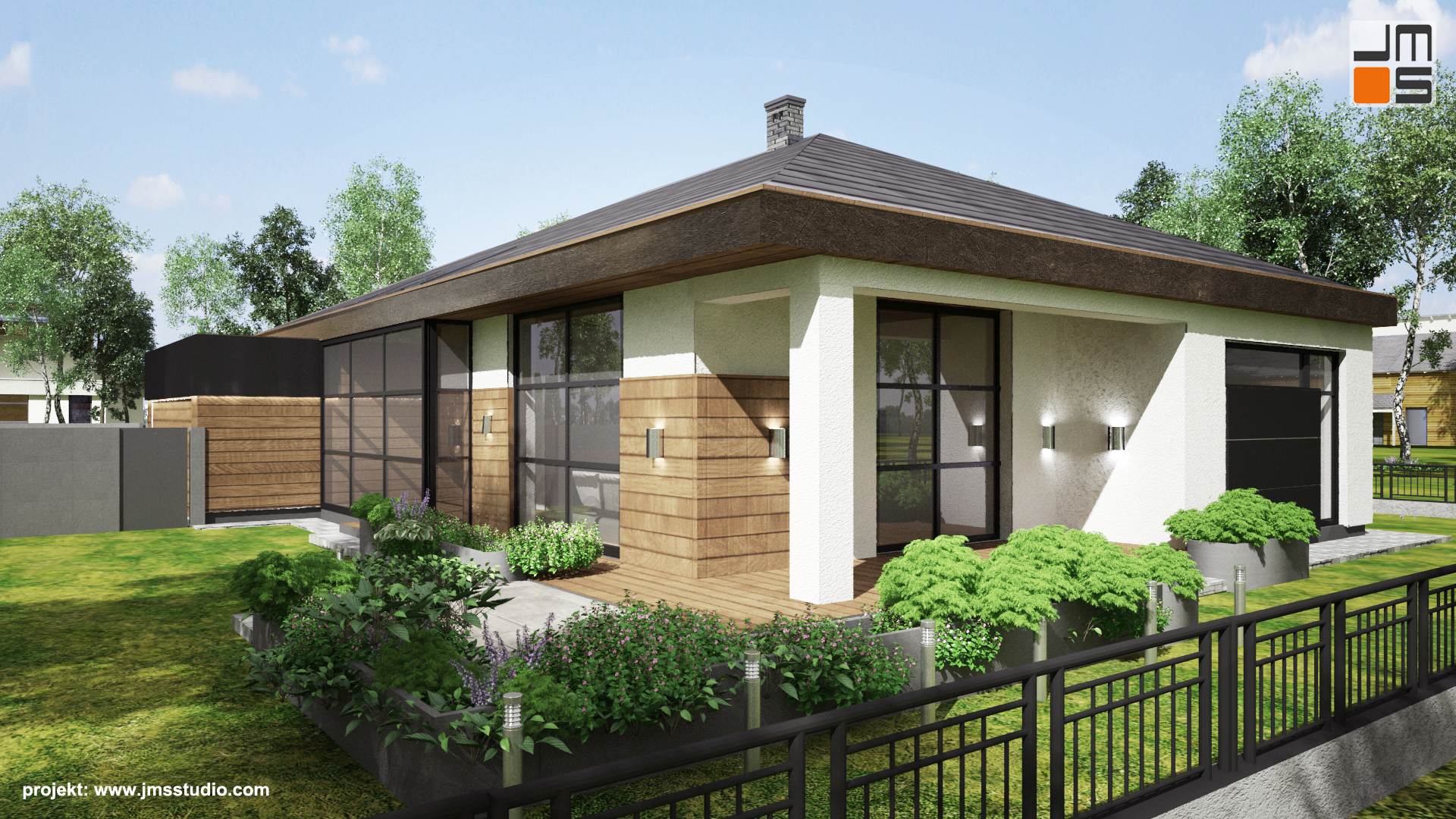 Od strony ogrodu w Willi pod Katowicami zaprojektowany został duży nowoczesny taras z zadaszeniem