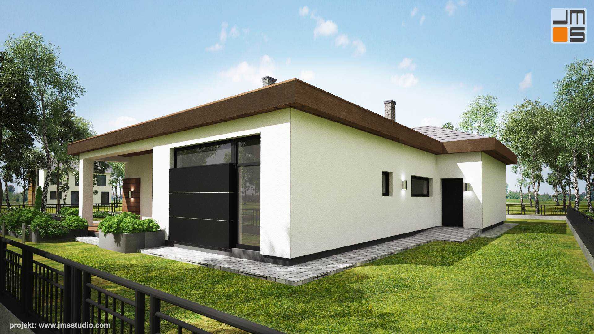 Elewacja garażu zwrócona w stronę działki sąsiedniej i mało widoczna została zaprojektowana jako prosta w białym tynku by nie generować zbędnych kosztów.