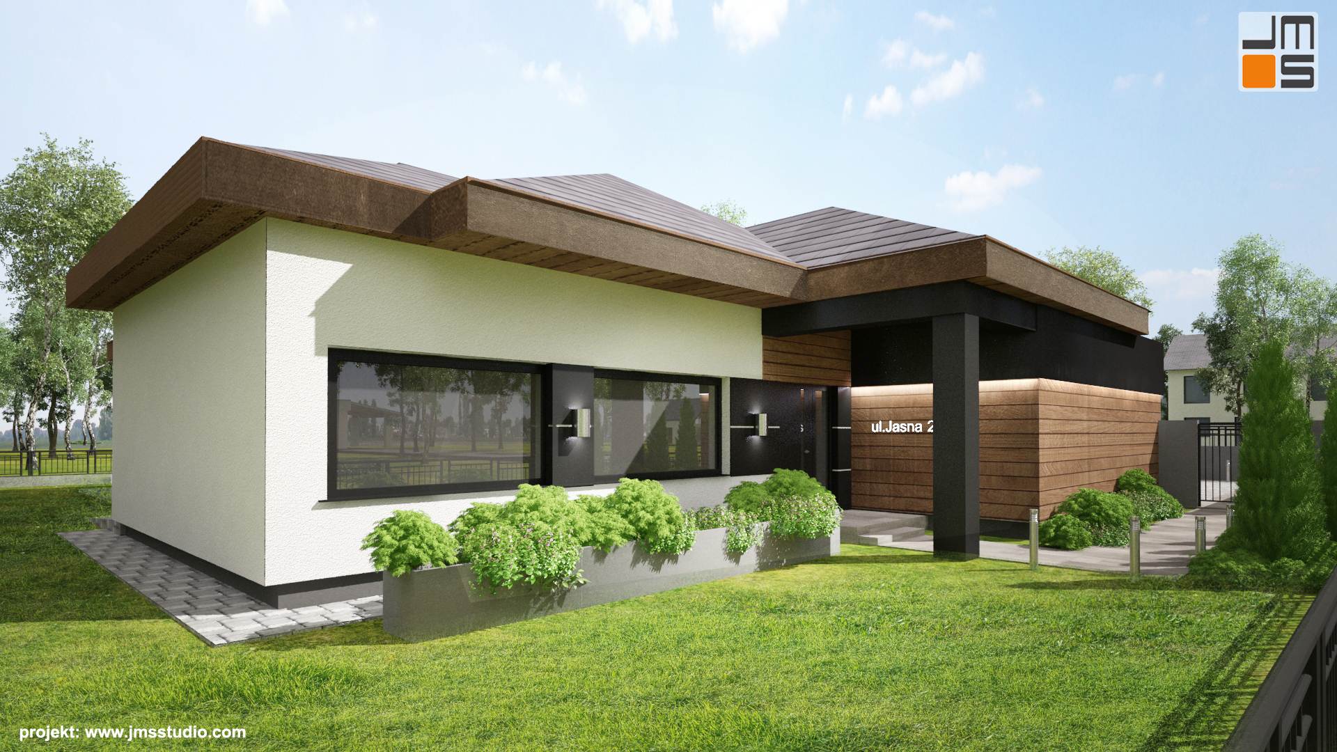 Strefa wejścia do nowoczesnej willi pod Katowicami została zadaszona i elegancko podświetlona oświetleniem zewnętrznym led by podkreślić elegancki wygląd budynku