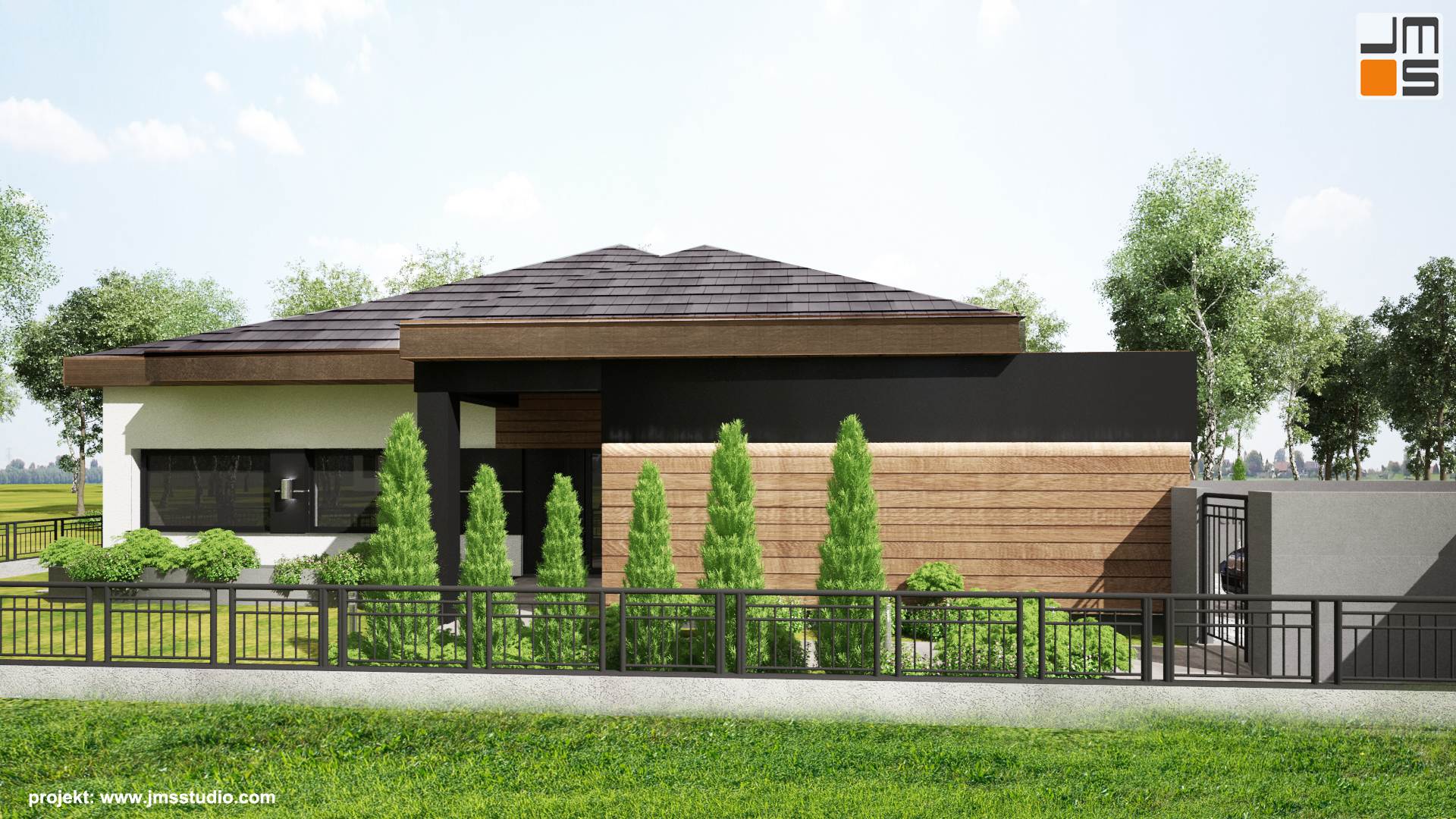 Frontowa elewacja budynku willi na Śląsku została zaprojektowana w taki sposób by stworzyć ciekawe i designerskie połączenie ciepłego koloru drewna z chłodnym kolorem antracytowym i białym tynkiem.