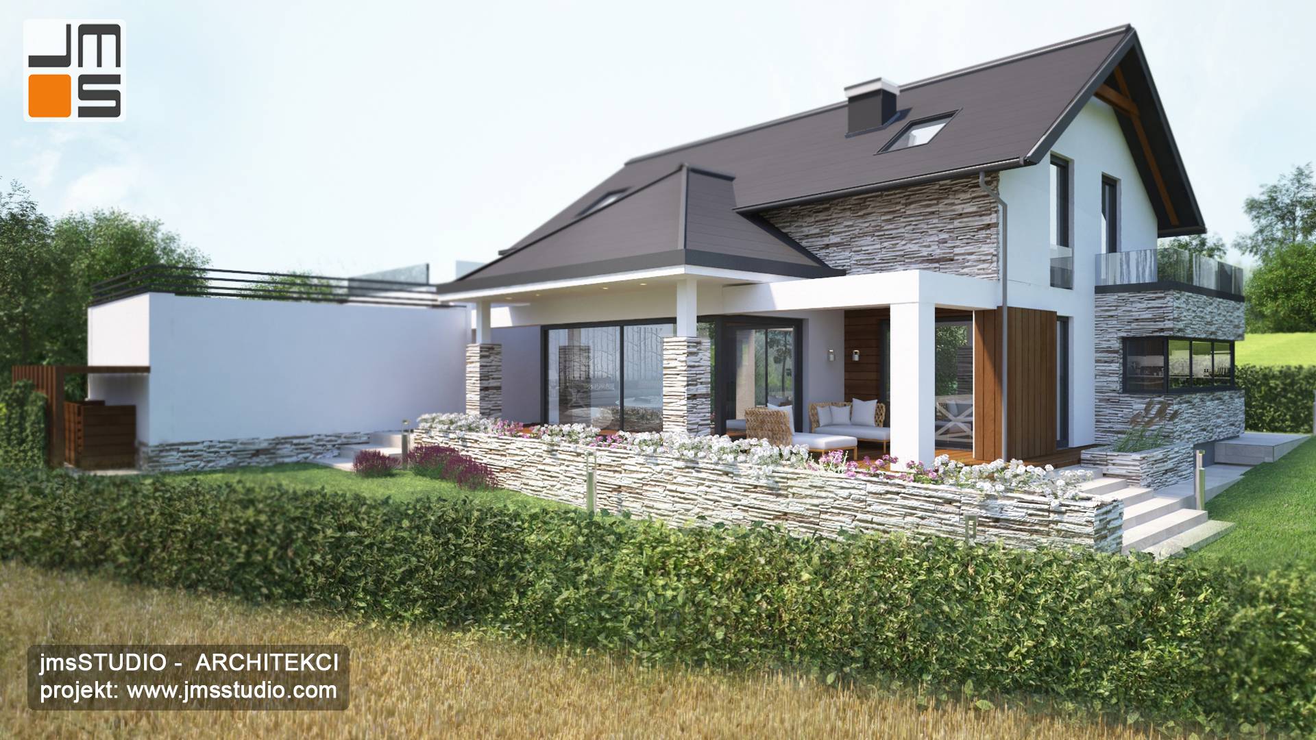 W projekcie nowoczesnego domu duże okno z kuchni pozwala zobaczyć co dzieje się przed domem z kamienną elewacją pod Nowym Targiem