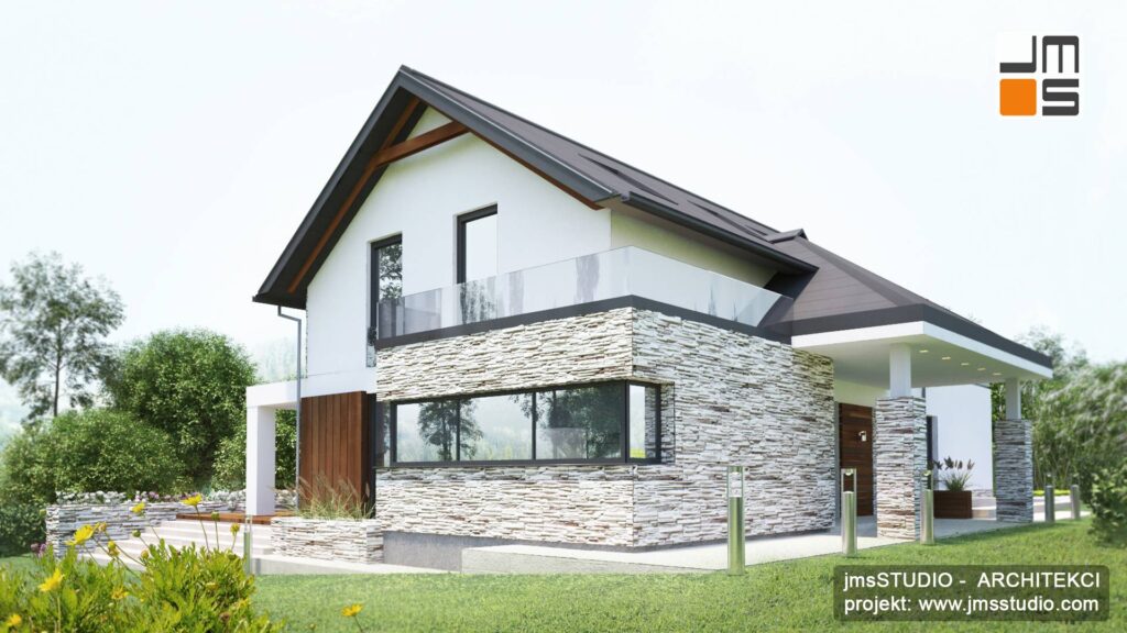 W projekcie nowoczesnego domu duże okno z kuchni pozwala zobaczyć co dzieje się przed domem z kamienną elewacją pod Nowym Targiem