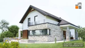 W projekcie nowoczesnego domu duże okno z kuchni pozwala zobaczyć co dzieje się przed domem z kamienną elewacją pod Nowym Targiem