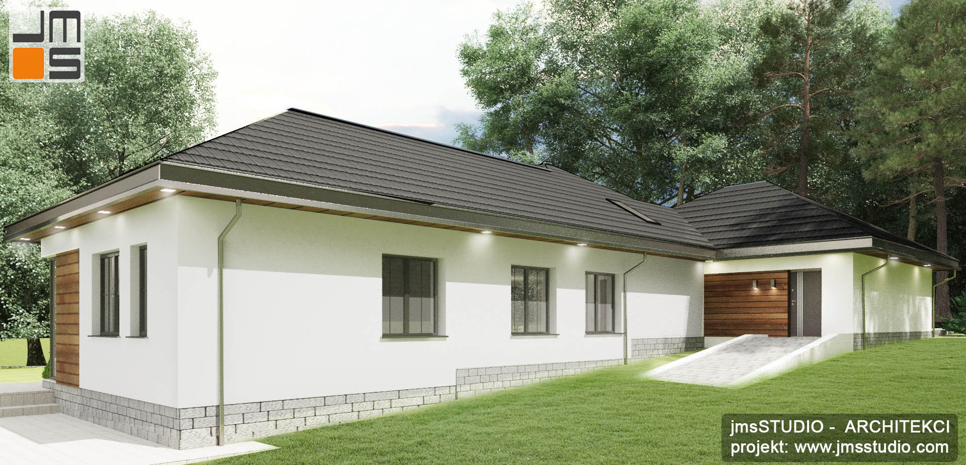 Elewacja tylna jest bardzo prosta ponieważ jest zbliżona do granicy z działka sąsiada i mało widoczna. Na elewacji pojawia się uskok w bryle budynku dostosowujący projekt domu do kształtu działki pod Wieliczką