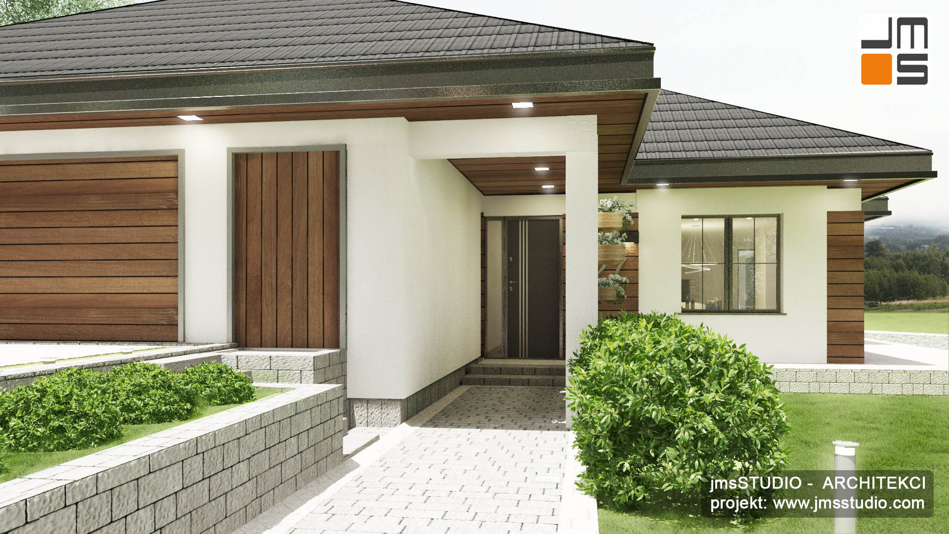 Projekt domu z cofniętym wejściem. Spadek działki wykorzystano do zrobienia dekoracyjnego murku oporowego przed wejściem do domu.