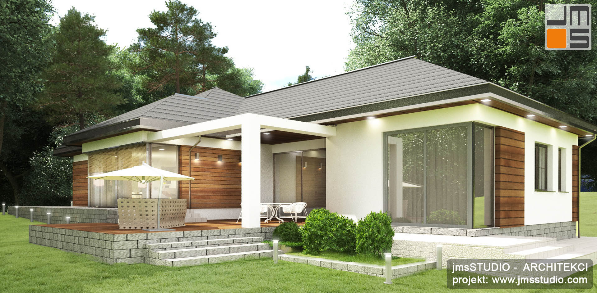 Projekt domu nowoczesnego z tarasem i atrium. W domu zastosowano drewno elewacyjne dla ocieplenia prostej jasnej elewacji