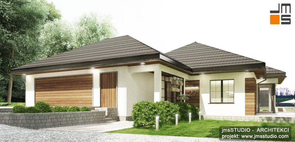 Bryła tego projektu domu na indywidualne zlecenie na trudnej trójkątnej działce ze spadkiem jest mocno nierzeźbiona i składa się z trzech głównych części