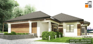 Bryła tego projektu domu na indywidualne zlecenie na trudnej trójkątnej działce ze spadkiem jest mocno nierzeźbiona i składa się z trzech głównych części