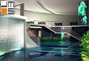 Projekt wnętrza kawiarni w budynku użyteczności publicznej.