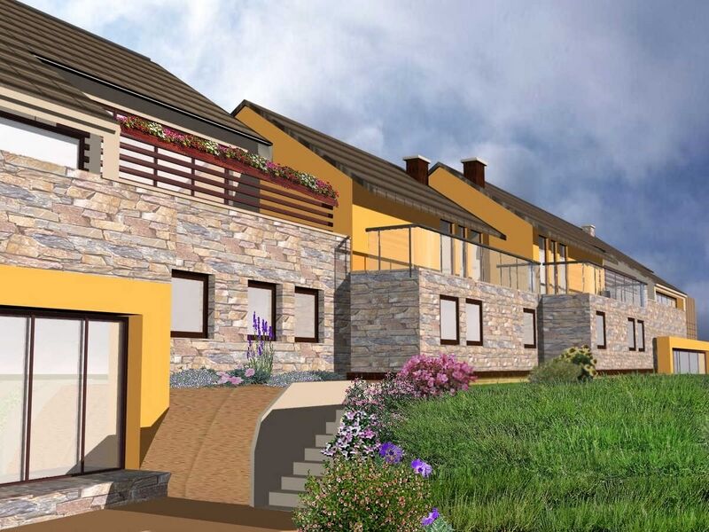 Nowoczesny dom typu bliźniak, elewacja kamienna domu.