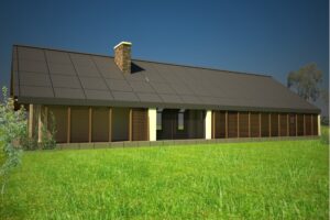 Projekt elewacji południowej z sytemem ruchomych żaluzji