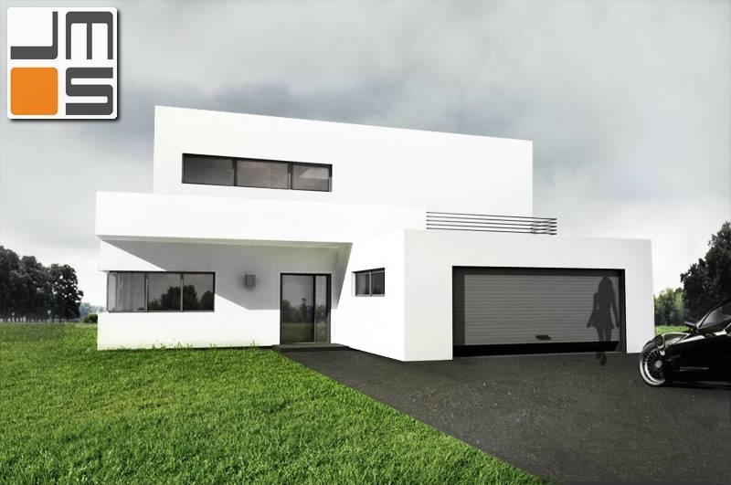 Prosty dom z garażem na dwa samochody, widok na bramę garażową