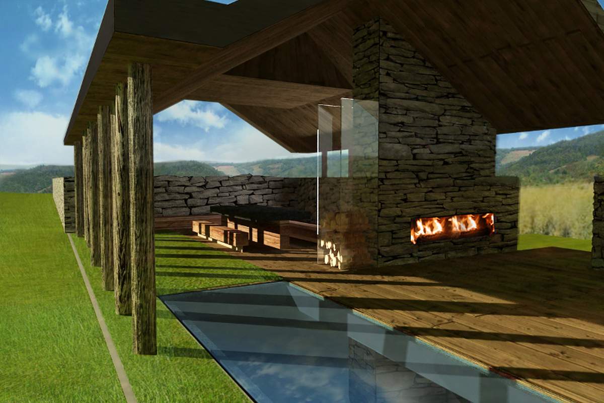 Taras z grillem i kominkiem zewnętrznym oraz basenem przydomowym.