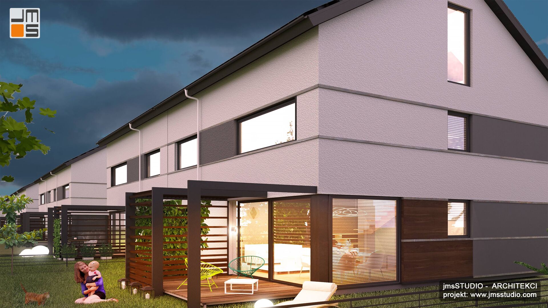 Projekt budynku typ bliźniak zakładał stworzenie ciekawej przestrzeni w ogrodzie. Projekt tarasu drewnianego i pergoli pozwolił to zrealizować.