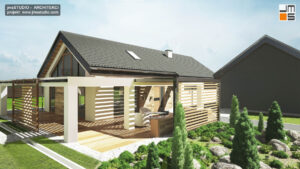 Duży taras z pergolą i żaluzjami przeciwsłonecznymi to pomysł na projekt domu nowoczesnego z dużym przeszkleniem od architekt Kraków - Śląsk