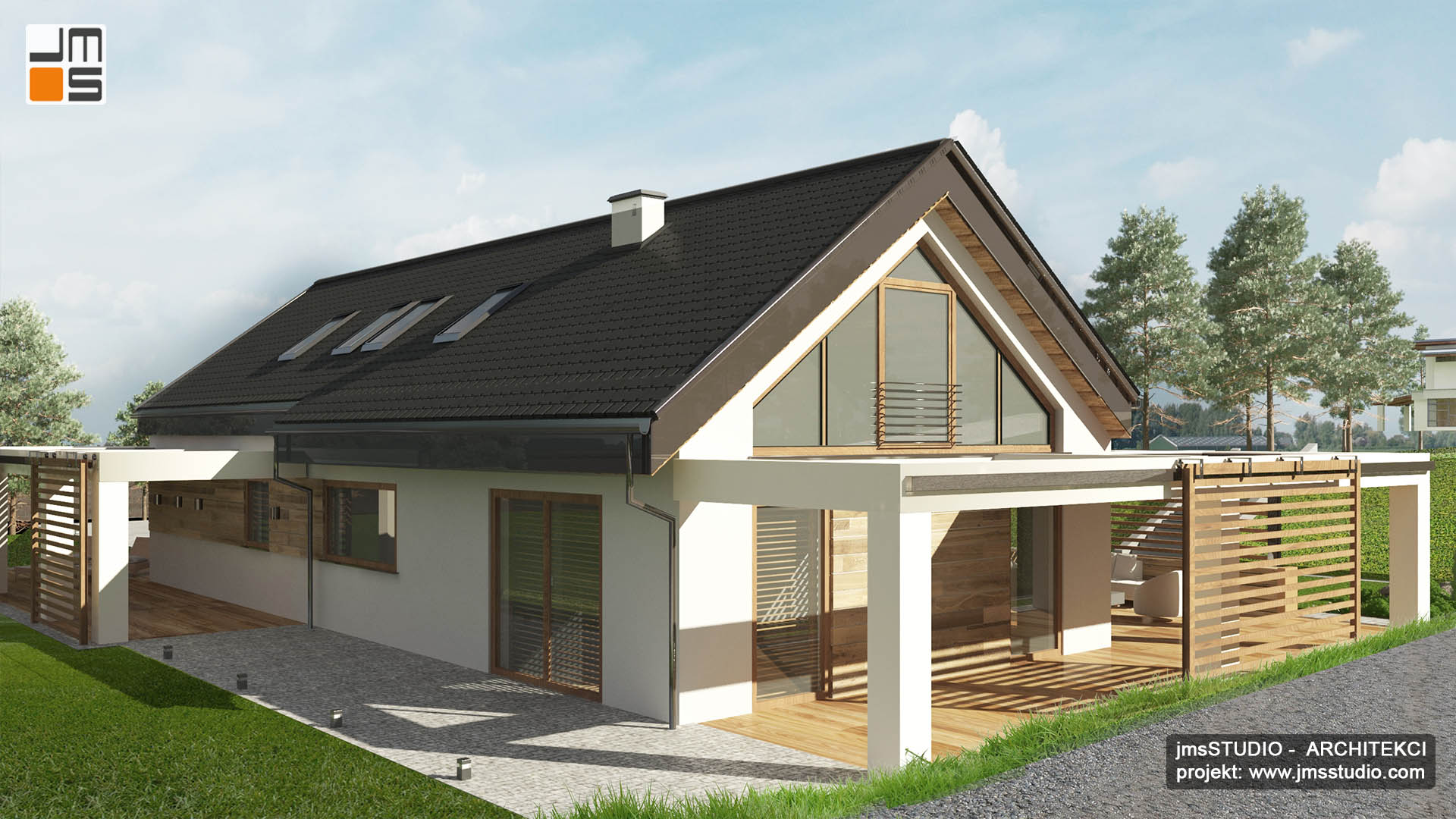 Architekt Kraków - Śląsk projekt domu nowoczesnego z dużymi oknami i pięknym drewnianym tarasem z pergolą i drewnianymi żaluzjami