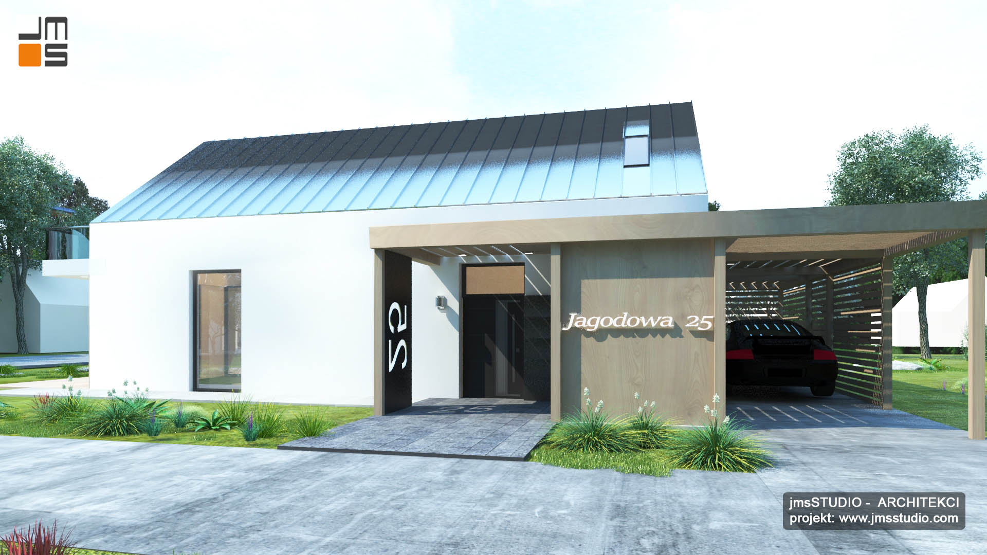 Designerski numer budynku i wiata na samochód to pomysł na projekt nowoczesnego budynku modułowego architekt Śląsk Katowice Wrocław