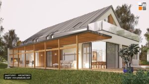 ciekawy pomysł na projekt domu jednorodzinnego nie nowoczesna stodoła z dużym tarasem i pergolą w Katowicach