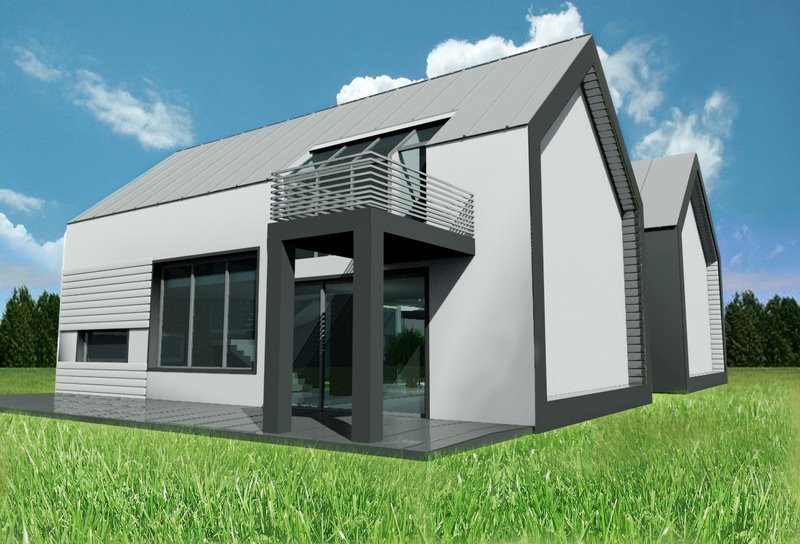 Balkon w nowoczesnym domu, dach z blachy płaskiej na rąbek stojący