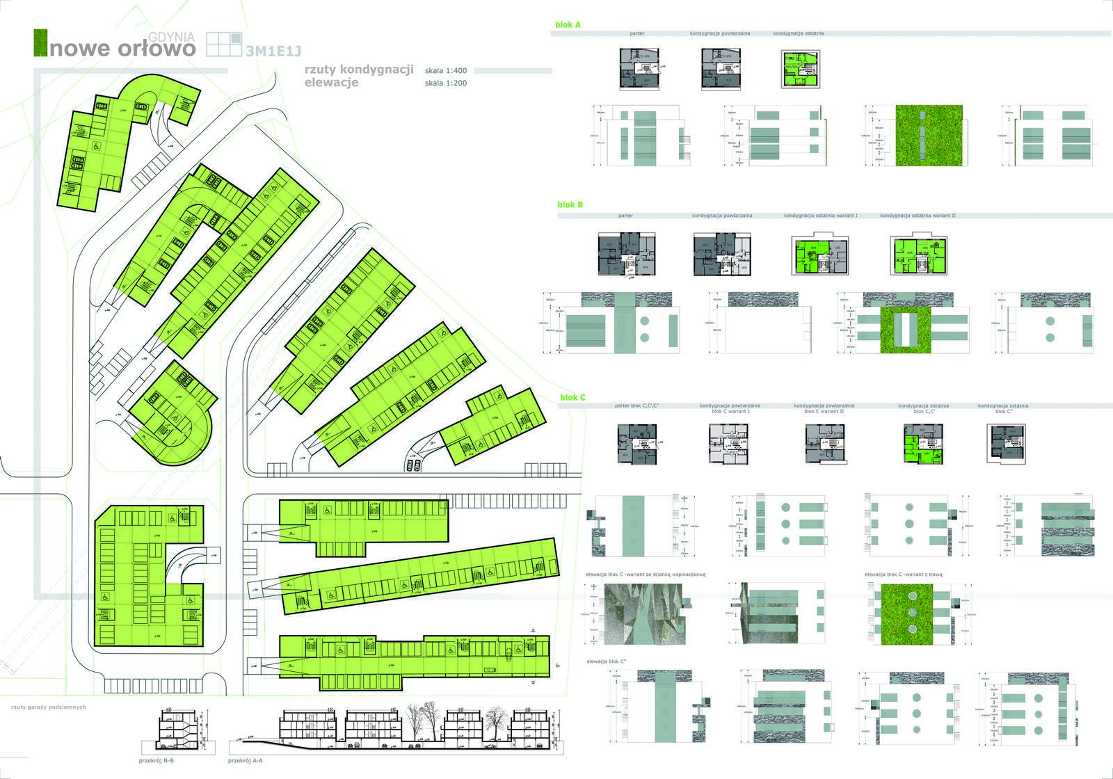 Rzuty kondygnacji i elewacje budynków Nowe Orłowo