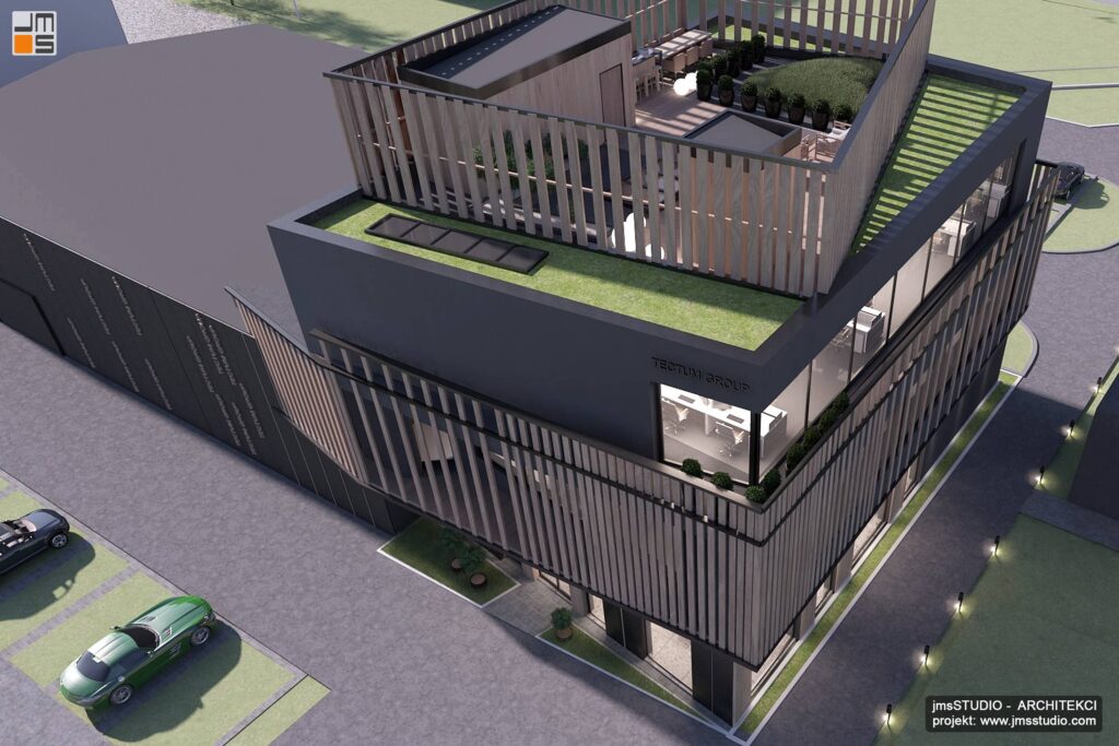 Pomysł na taras zielony na dachu biurowca to dobre rozwiązanie dla oszczędności powierzchni biologicznie czynnej