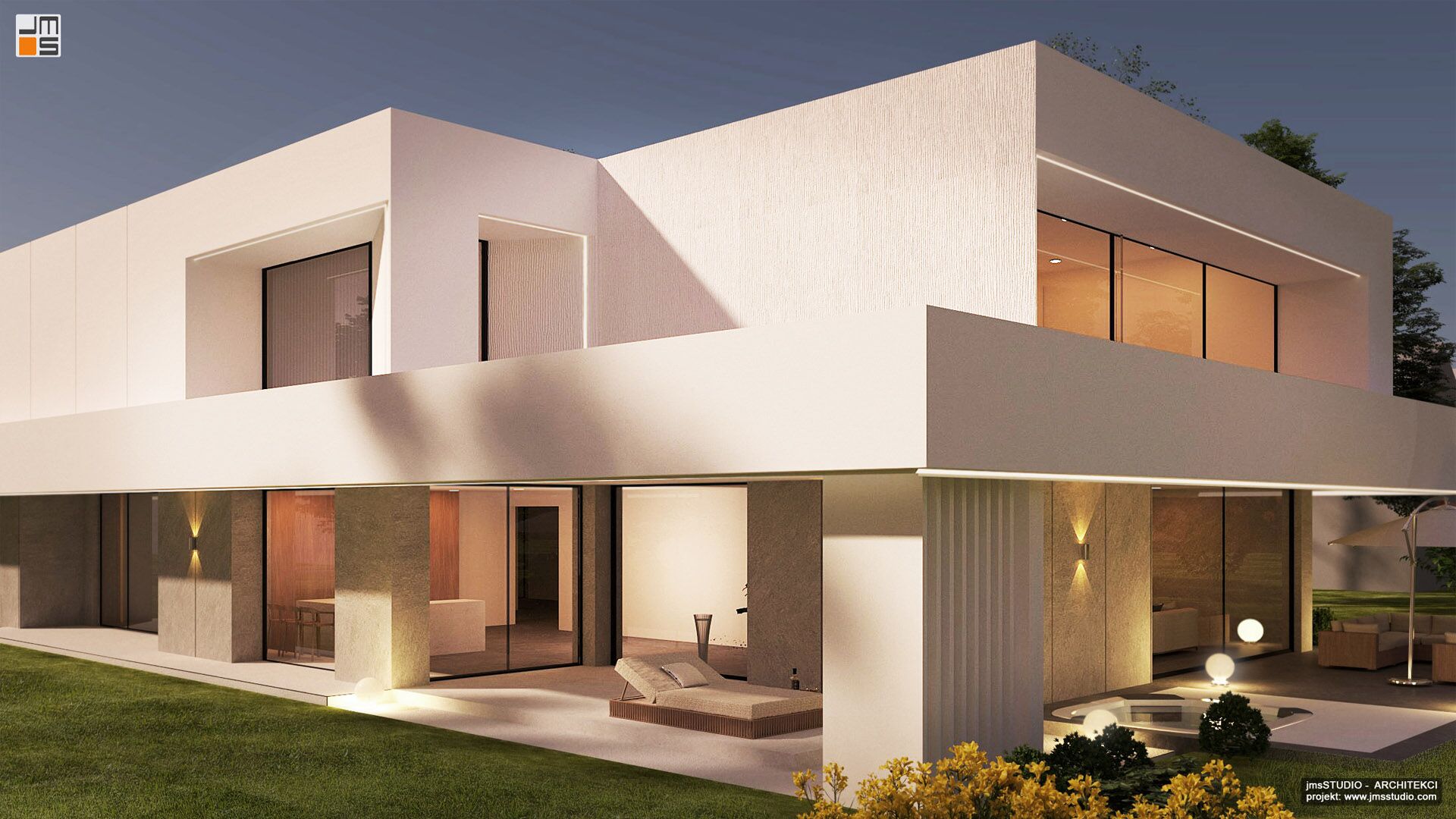 Delikatna stolarka aluminiowa cienko profilowa kolor antracyt to projekt indywidualnych nowoczesnego budynku wyjątkowej rezydencji w jasnej kolorystyce pod miastem