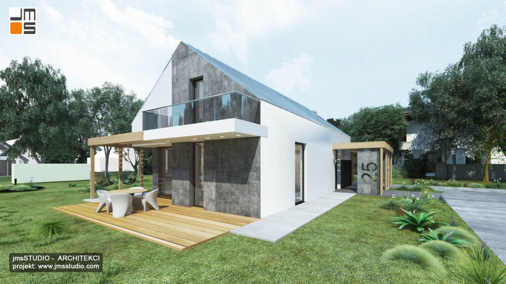 Beton architektoniczny na elewacji i drewniany taras to pomysł na dom modułowy, prosty projekt od architekt Śląsk Katowice - Wrocław