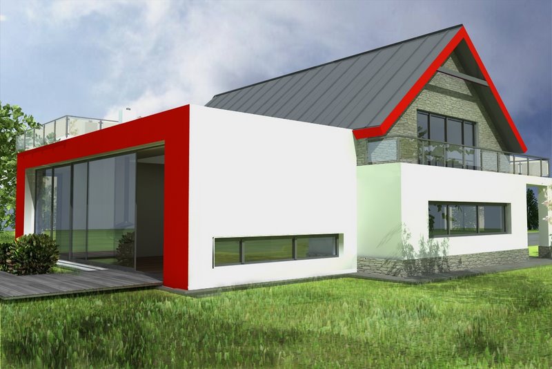 Nowoczesna bryła domu z dużym salonem i przeszkleniem