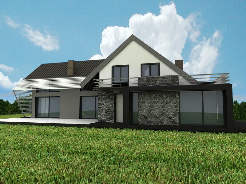 Dom z okładziną kamienną, balustradami i pergolą