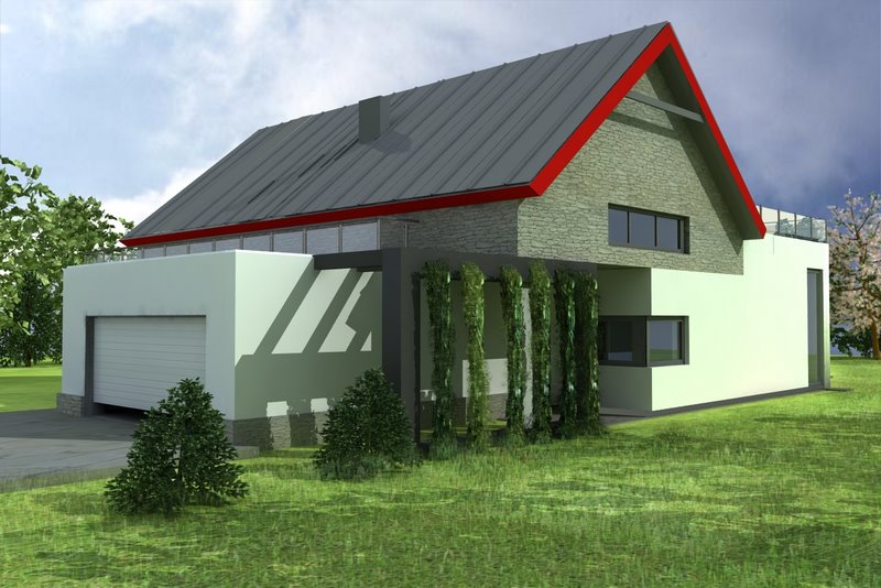 Dom z poddaszem użytkowym i z pergolą jako zadaszenie nad wejściem gospodarczym do domu