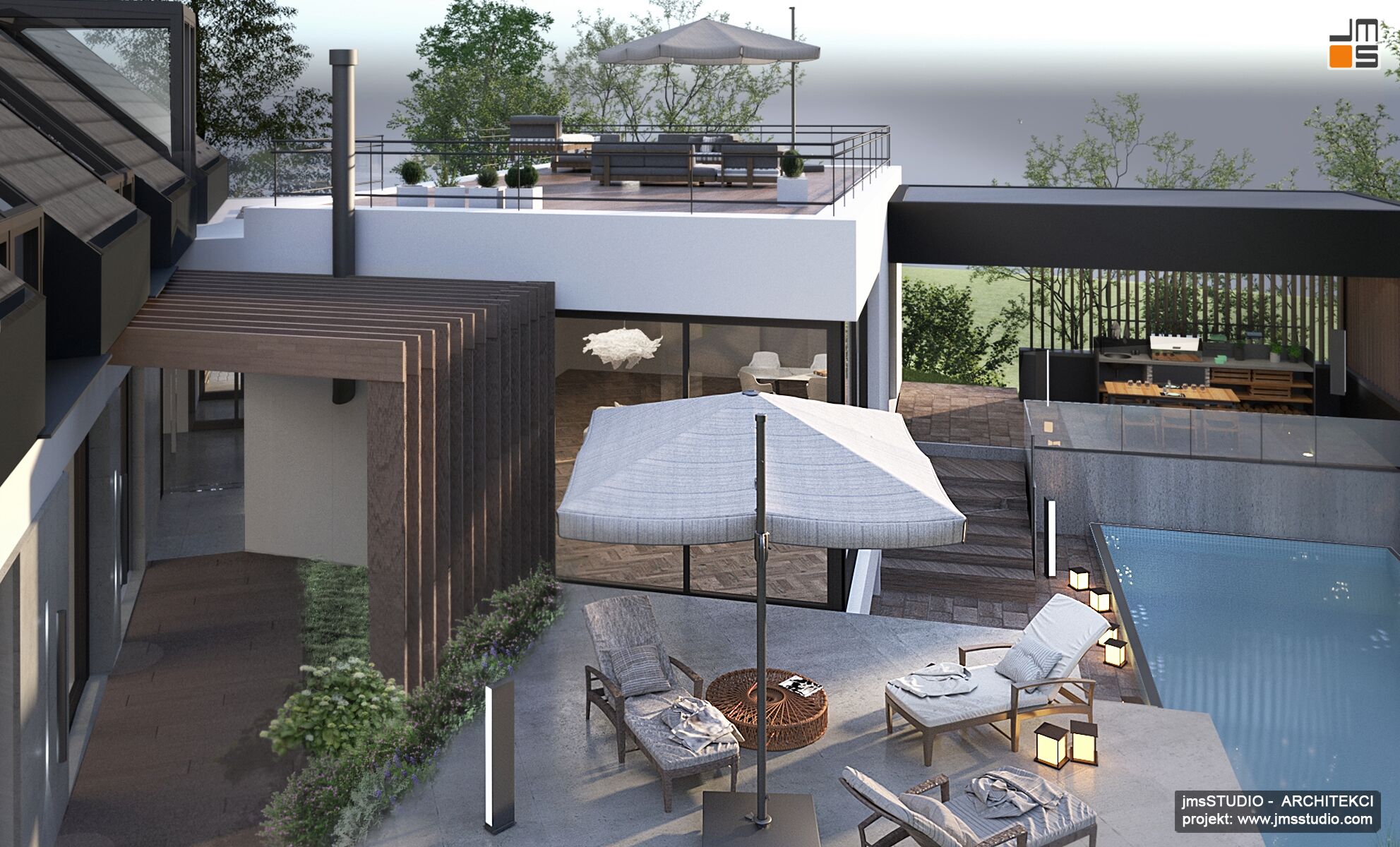 Dużą przestrzeń rekreacyjną z basenem zewnętrznym trzema tarasami i pergolą drewnianą zaprojektowano na kilku poziomach by wykorzystać działkę ze spadkiem