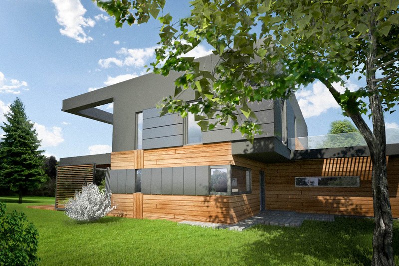 Elewacja drewniana w nowoczesnym domu z płaskim dachem