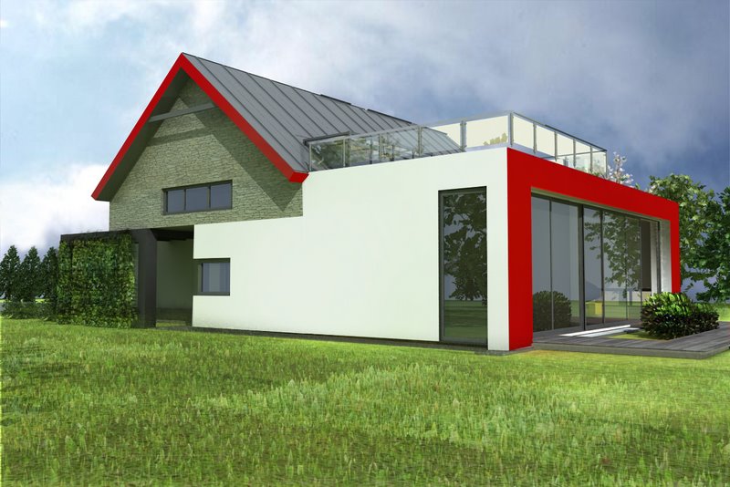 Elewacja południowa z dużym otwartym na taras salonem