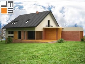 Elewacja południowa z wejściem do domu i wyjściem na taras