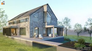 Projekt rezydencji o klasycznych proporcjach wykończonej szarym kamieniem z elementami drewnianymi to bardzo designerskie elewacje i piękny taras z pergolą w nowoczesnym projekcie domu pod Krakowem na spadku